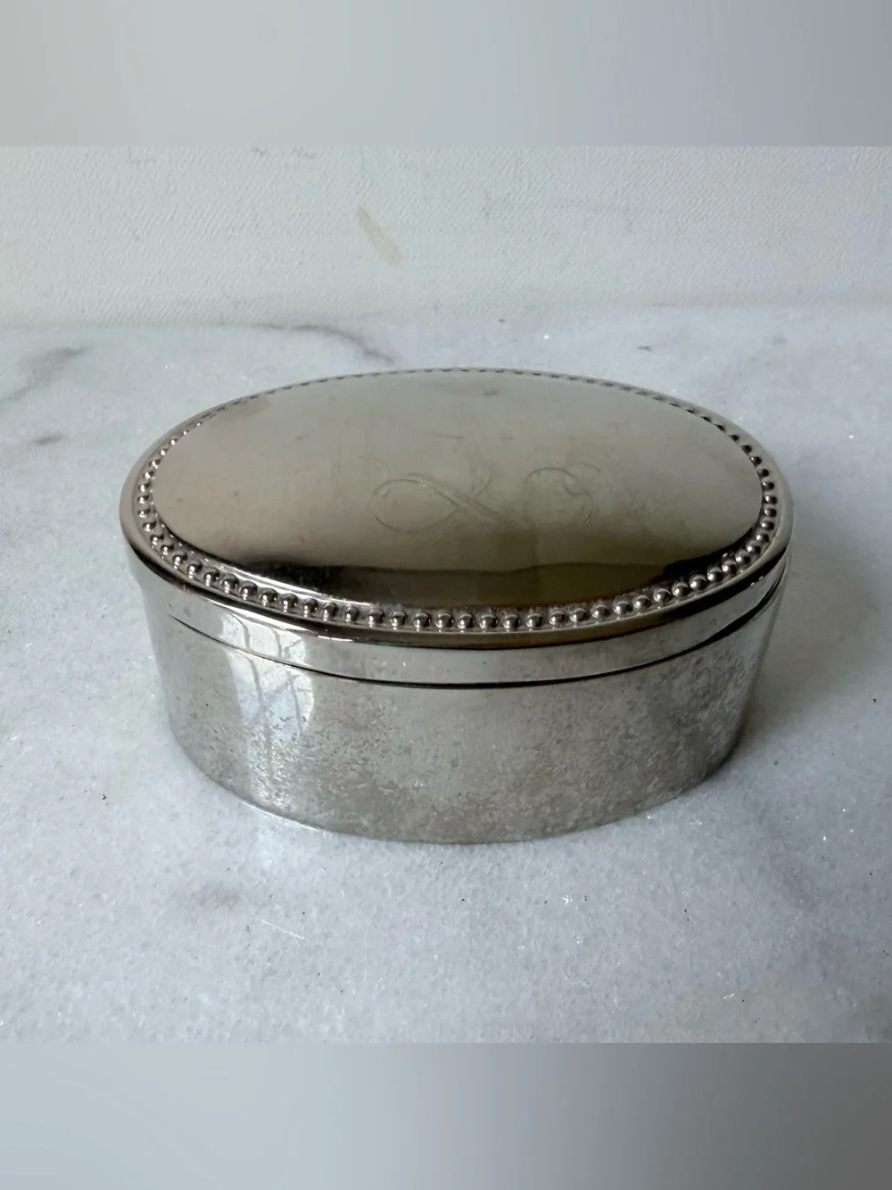 Vintage Oval Silver-tone Trinket Jewelry Box monogrammed